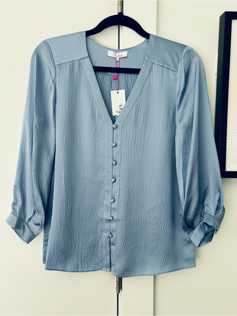 NWT Parker New York Silk Button Up Flowy blouse size small astral blue